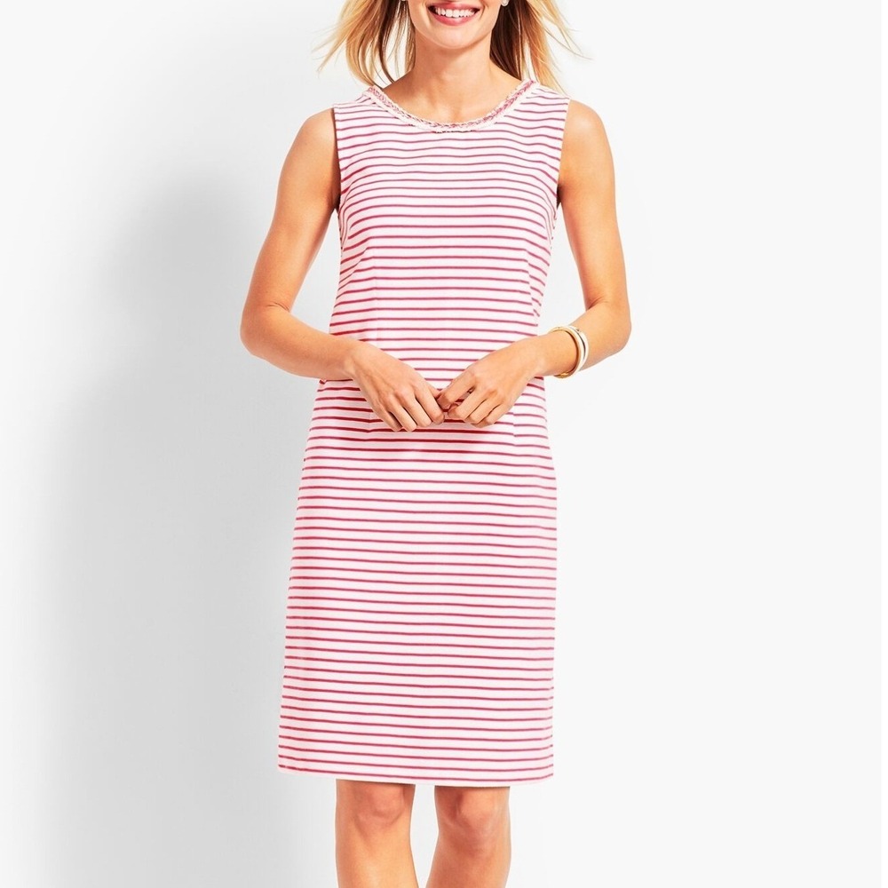 Talbots Size 14WP Striped Ottoman Shift Dress Pink White Sleeveless Braided
